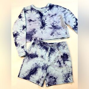 Zella Women’s 2-Piece Lounge Set Size Small Tie Dye Crop Sweatshirt /Shorts Blue